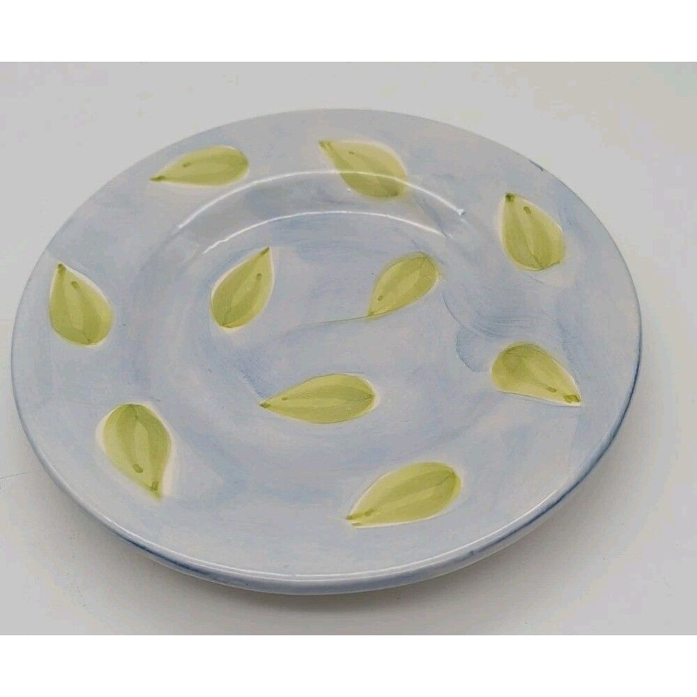 Pottery Barn Salad Lunch Plate Blue With Green Leaves Watercolor